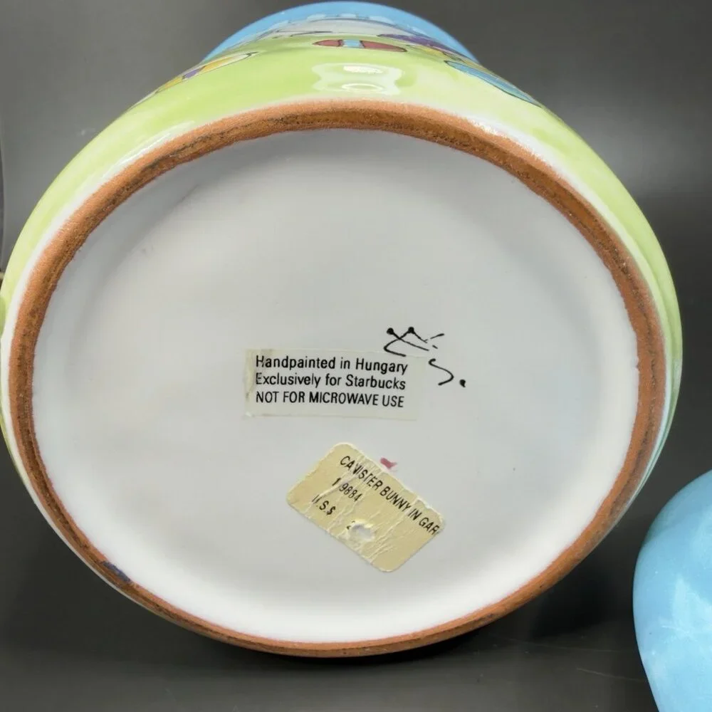 Starbucks Canister Cookie Jar Container Hand Painted Hungary Bunny Rabbit Flower - Picture 5 of 15